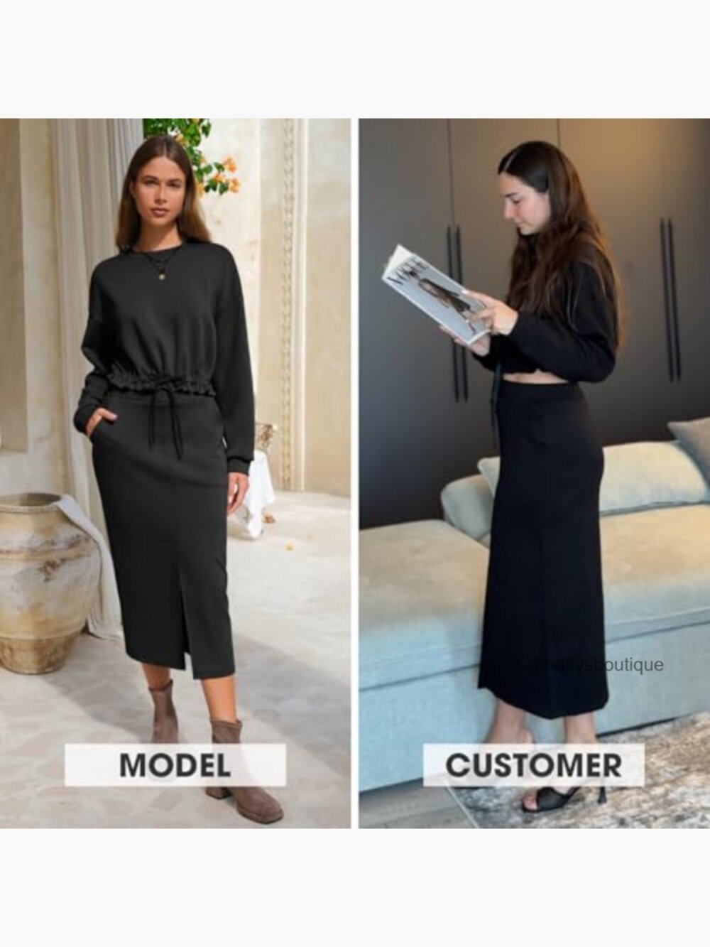 Long Sleeve Drawstring Top Midi Skirt Set Lounge Travel Outfit Medium - Picture 3 of 7